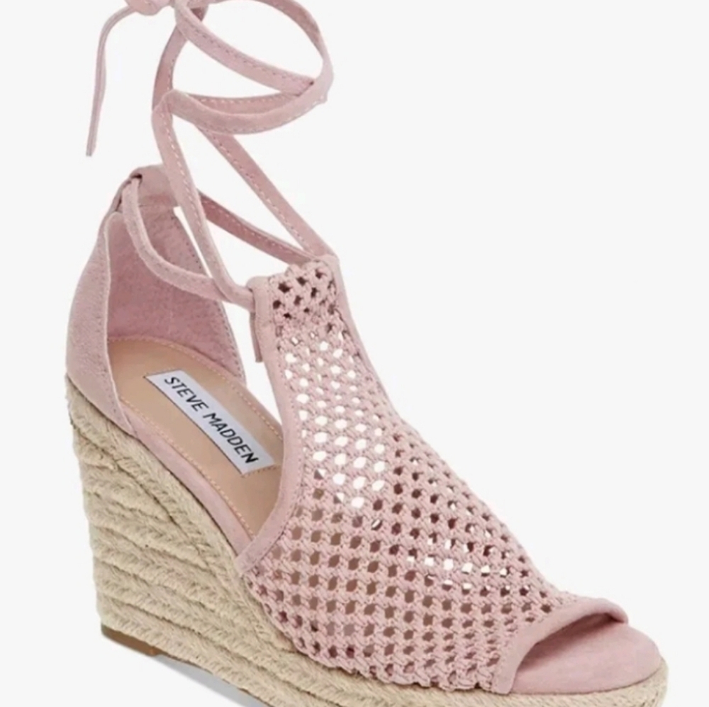 Steve Madden Sandals Shoe Pink Cloth Peeptoe Ankle Shin Wrap 8.5M